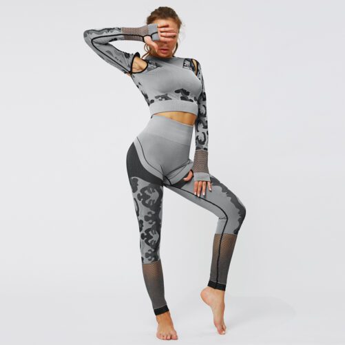 Camouflage Hollow Yoga Suit Women Fitness Suit Seamless Sports Long Sleeve Hip Raise Skinny Yoga Suit