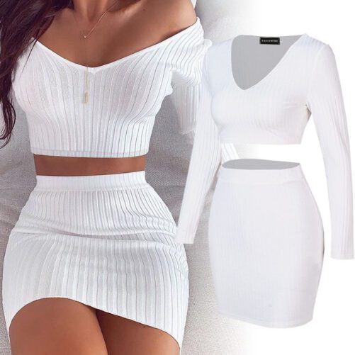 Sexy V-neck Long Sleeve Knitted Top Skirt Two-Piece Set