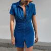 Sexy slim knitted green mini dress Summer women fashion Gathered knit wrap vestidos Blue bodycon in Dresses
