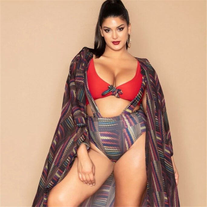 New plus-Sized Split Swimsuit Printed High Waist Strap Swimsuit Beach Bikini Jacket Overclothes