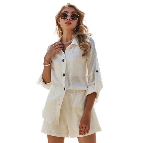 Casual Suit Female  Spring New Long Sleeve White Shirt Top Cotton Linen Shorts
