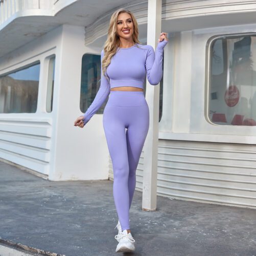 Knitted Seamless Long-sleeved Trousers Yoga Suit Sports Fitness Two-piece Set