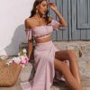 Polka dot flower office ladies women set Off shoulder crop top and skirts 2 piece suit Fashion puff sleeve summer skirt in Dresses