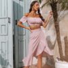 Polka dot flower office ladies women set Off shoulder crop top and skirts 2 piece suit Fashion puff sleeve summer skirt in Dresses
