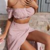 Polka dot flower office ladies women set Off shoulder crop top and skirts 2 piece suit Fashion puff sleeve summer skirt in Dresses