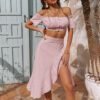 Polka dot flower office ladies women set Off shoulder crop top and skirts 2 piece suit Fashion puff sleeve summer skirt in Dresses