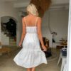 Cotton White V-neck suspender women dress Summer Solid high waist ruffled A-line dresses Elegant lace-up button dress in Dresses