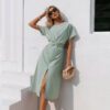 Cotton knotted straight women dress Casual O neck chic split dress Elegant green loose short sleeve ladies midi dress in Dresses