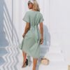 Cotton knotted straight women dress Casual O neck chic split dress Elegant green loose short sleeve ladies midi dress in Dresses