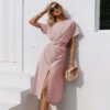 Cotton knotted straight women dress Casual O neck chic split dress Elegant green loose short sleeve ladies midi dress in Dresses
