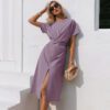 Cotton knotted straight women dress Casual O neck chic split dress Elegant green loose short sleeve ladies midi dress in Dresses
