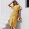 Cotton knotted straight women dress Casual O neck chic split dress Elegant green loose short sleeve ladies midi dress in Dresses