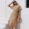 Cotton knotted straight women dress Casual O neck chic split dress Elegant green loose short sleeve ladies midi dress in Dresses