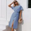 Cotton knotted straight women dress Casual O neck chic split dress Elegant green loose short sleeve ladies midi dress in Dresses