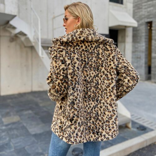 Leopard Long Sleeve Fuzzy Faux Fur Coat Lapel Open Front Shearling Oversized Jacket with Pockets
