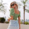 Sexy green print hollow out lace-up short women t-shirt Vintage ruffle backless pleade crop top Fashion holiday tshirts in Tops & Tees