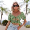 Sexy green print hollow out lace-up short women t-shirt Vintage ruffle backless pleade crop top Fashion holiday tshirts in Tops & Tees