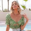 Sexy green print hollow out lace-up short women t-shirt Vintage ruffle backless pleade crop top Fashion holiday tshirts in Tops & Tees