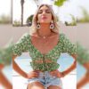 Sexy green print hollow out lace-up short women t-shirt Vintage ruffle backless pleade crop top Fashion holiday tshirts in Tops & Tees