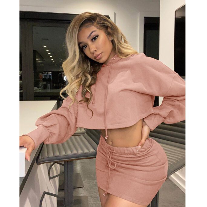 Women Clothing  Nightclub Uniforms Sexy Hooded Lace-up Solid Color Skirt Suit Two-Piece Set