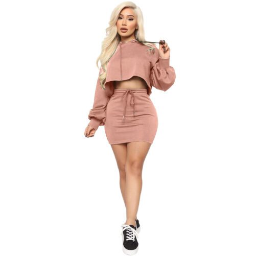 Women Clothing  Nightclub Uniforms Sexy Hooded Lace-up Solid Color Skirt Suit Two-Piece Set
