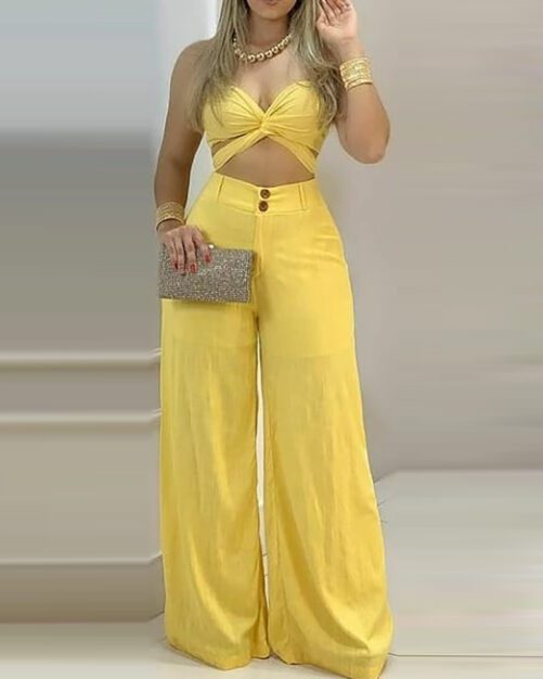 2021  Yellow Bandage Design Sexy Suit Wide Leg Trousers