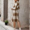 Office lady buttons lace up plaid women dress autumn Elegant long sleeves pocket dress Female lapel knee length dresses in Dresses