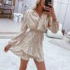 Long Sleeve V-Neck Polka Dot Print Dress Elegant High Waist Summer Women Dress Elegant Ruffled Puff Sleeve Vestidos in Dresses