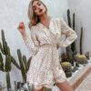 Long Sleeve V-Neck Polka Dot Print Dress Elegant High Waist Summer Women Dress Elegant Ruffled Puff Sleeve Vestidos in Dresses