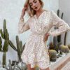 Long Sleeve V-Neck Polka Dot Print Dress Elegant High Waist Summer Women Dress Elegant Ruffled Puff Sleeve Vestidos in Dresses