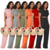 New  Women Clothing Solid Color Midriff Outfit Bell-Bottom Pants Casual Two-Piece Suit in Pant Sets
