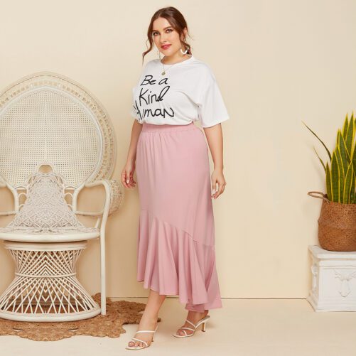 Large Size Women 2021 Short Sleeve Letter Print T-shirt Top Solid Color Loose Pleated Skirt Casual Two-Piece Suit