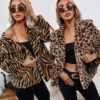 2021 Leopard Print Lapel Plush Loose Imitation Fur Artificial Leather Coat Women Top in Fuzzy Coats