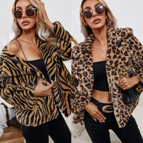 2021 Leopard Print Lapel Plush Loose Imitation Fur Artificial Leather Coat Women Top