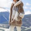 Top Women Autumn and Winter Loose plus Size Plush Multi-Color Mosaic Hooded Jacket in Fuzzy Coats