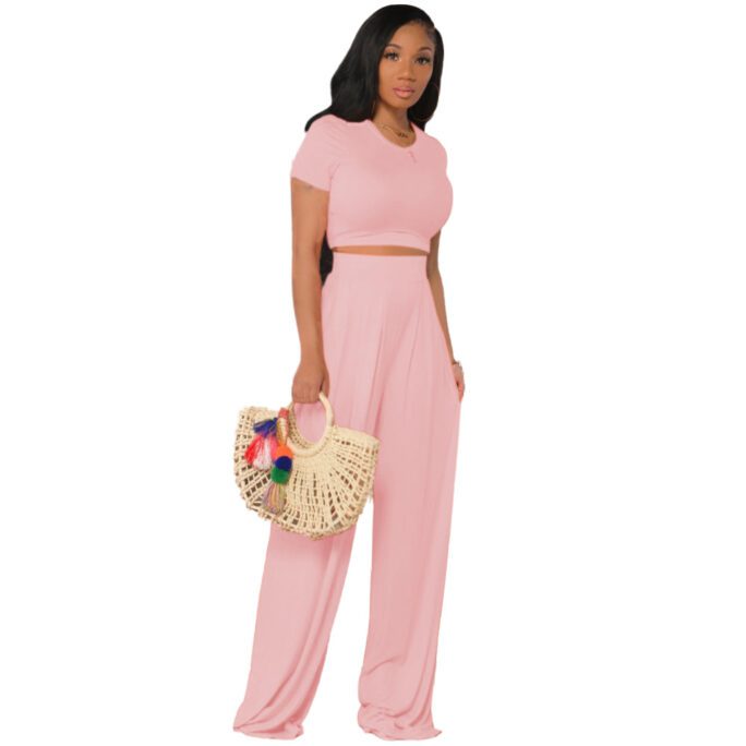 New  Women Clothing Solid Color Midriff Outfit Bell-Bottom Pants Casual Two-Piece Suit