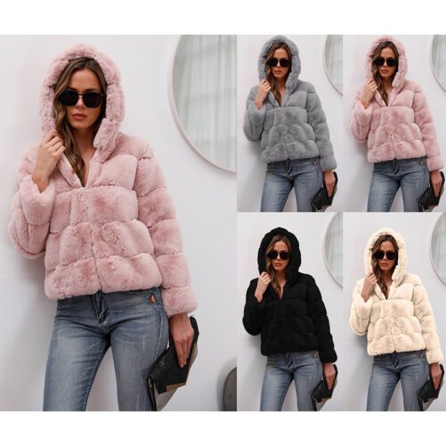 2021 New  Short Solid Color Loose Horizontal Hooded Coat Imitation Fur Autumn and Winter Warm Coat