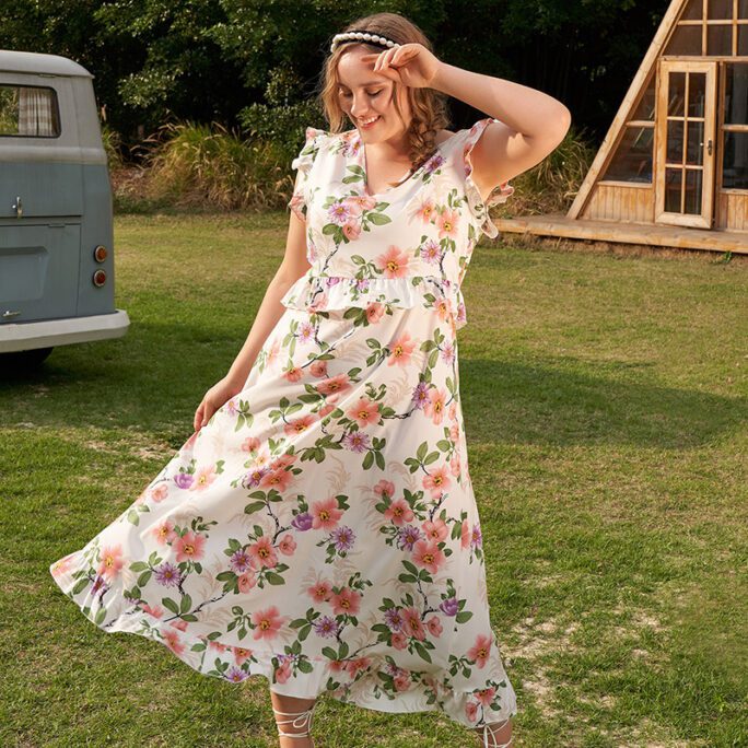 2021 Women Summer Fairy Floral Dress High Waist Slimming Dress V-neck Short Sleeve Dress