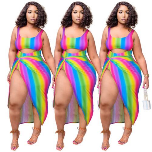 Fashion plus Size Women  Sexy Rainbow Striped Hollow One Swimsuit Dress Two-Piece Set