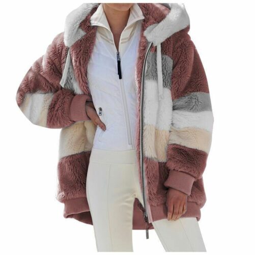 Top Women Autumn and Winter Loose plus Size Plush Multi-Color Mosaic Hooded Jacket