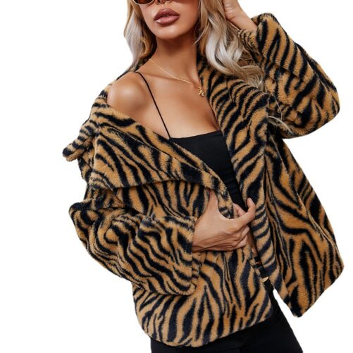 2021 Leopard Print Lapel Plush Loose Imitation Fur Artificial Leather Coat Women Top