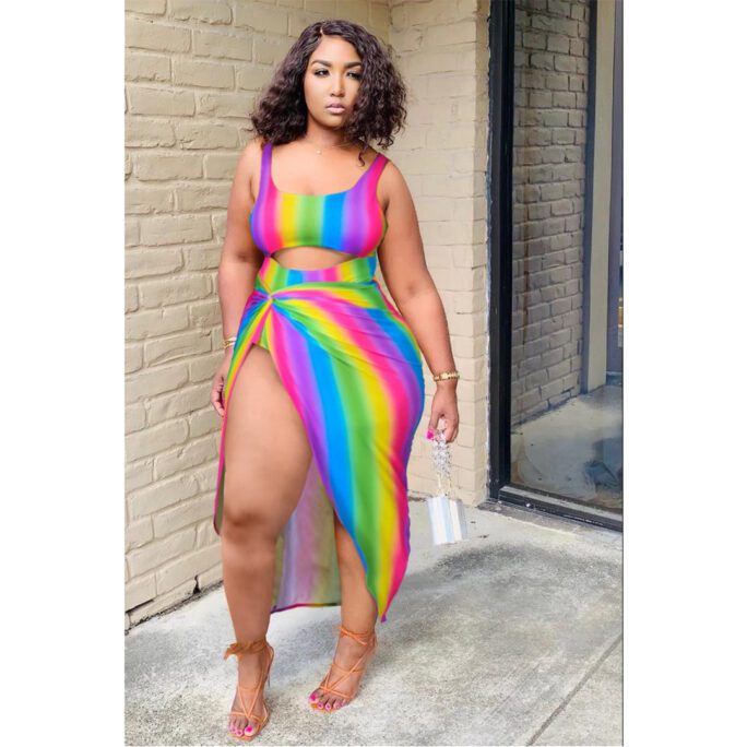 Fashion plus Size Women  Sexy Rainbow Striped Hollow One Swimsuit Dress Two-Piece Set