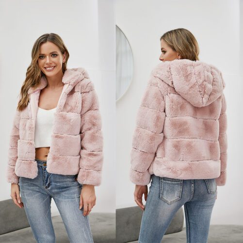 2021 New  Short Solid Color Loose Horizontal Hooded Coat Imitation Fur Autumn and Winter Warm Coat