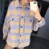 Casual Plaid Jacket Coat Women Puff Sleeve Button Pockets Outwear Female Jackets Spring Plus Size Ladies Long Coat in Woolen Blends Coats