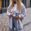 Casual Plaid Jacket Coat Women Puff Sleeve Button Pockets Outwear Female Jackets Spring Plus Size Ladies Long Coat in Woolen Blends Coats