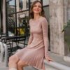 Warm Winter Women Knitted Dress Elegant Office Lady Pink Sweater Dress A Line Pleated Soft Knits Dress For Autumn in Dresses
