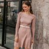 Warm Winter Women Knitted Dress Elegant Office Lady Pink Sweater Dress A Line Pleated Soft Knits Dress For Autumn in Dresses