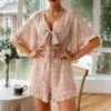 Women Floral V Neck Tie Front Rompers Ruffle Baggy Sleeves Short Jumpsuits in Rompers
