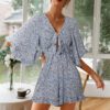 Women Floral V Neck Tie Front Rompers Ruffle Baggy Sleeves Short Jumpsuits in Rompers