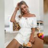 Causal pocket v-neck elastic waist romper Off shoulder button white jumpsuit romper Summer fashion holiday rompers 2021 in Rompers